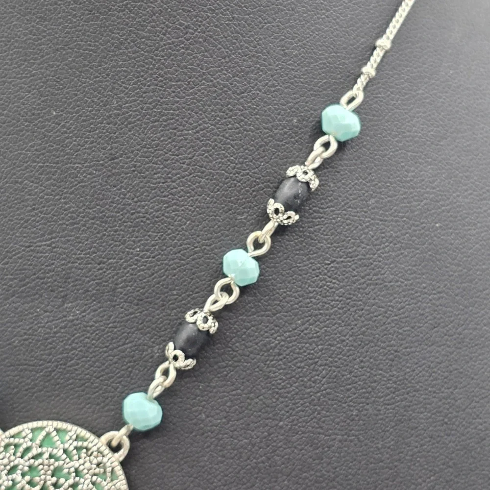 Vintage Napier Bohemian Filigree Mandala Turquoise Beaded Teardrop Necklace 18in